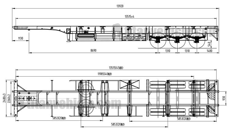 Drawing of Tri Axle Chassi Trailer with 45Ft