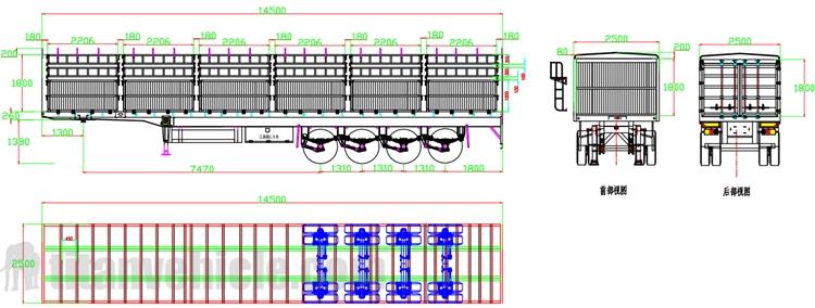 Drawing of 4 Axle Fence Semi Trailer for Sale